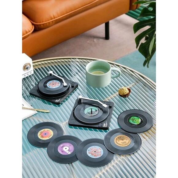 Retro / Vintage Vinyl Record Style Coasters Drink Mats Bar Set Discs With Holder - Picture 2 of 14